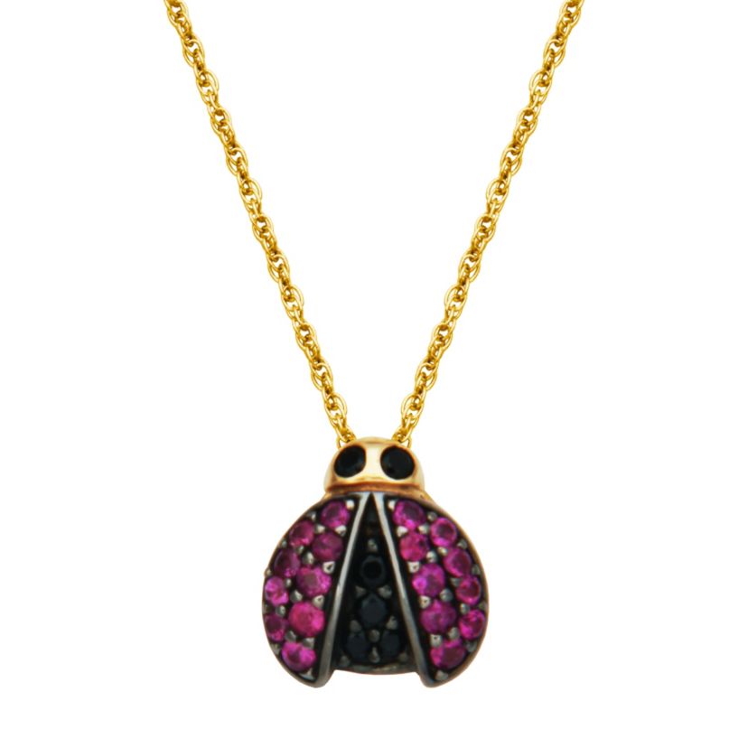 10k Yellow Gold Genuine Ruby and Black Sapphire Ladybug Pendant Necklace