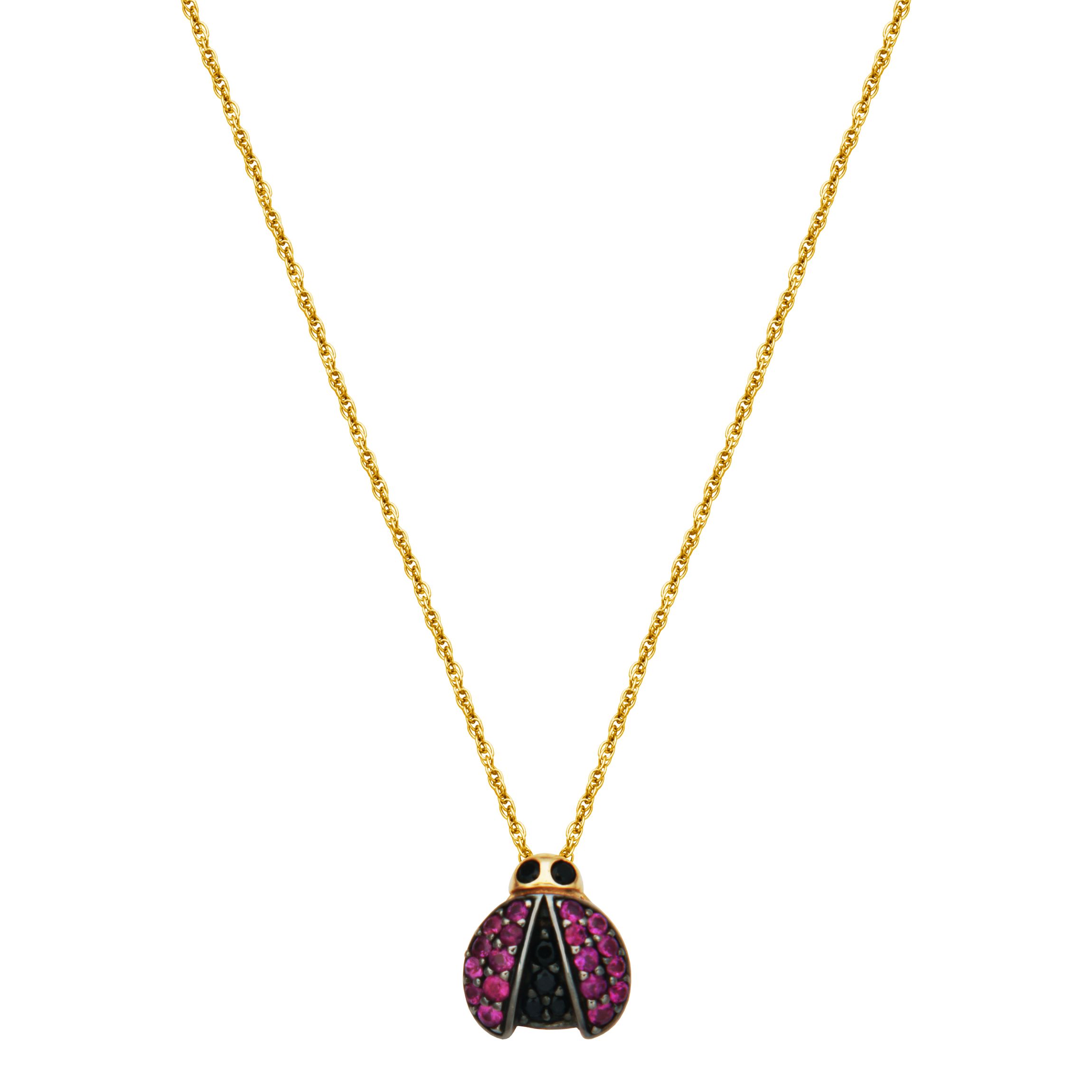 10k Yellow Gold Genuine Ruby and Black Sapphire Ladybug Pendant Necklace