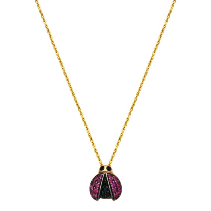 10k Yellow Gold Genuine Ruby and Black Sapphire Ladybug Pendant Necklace