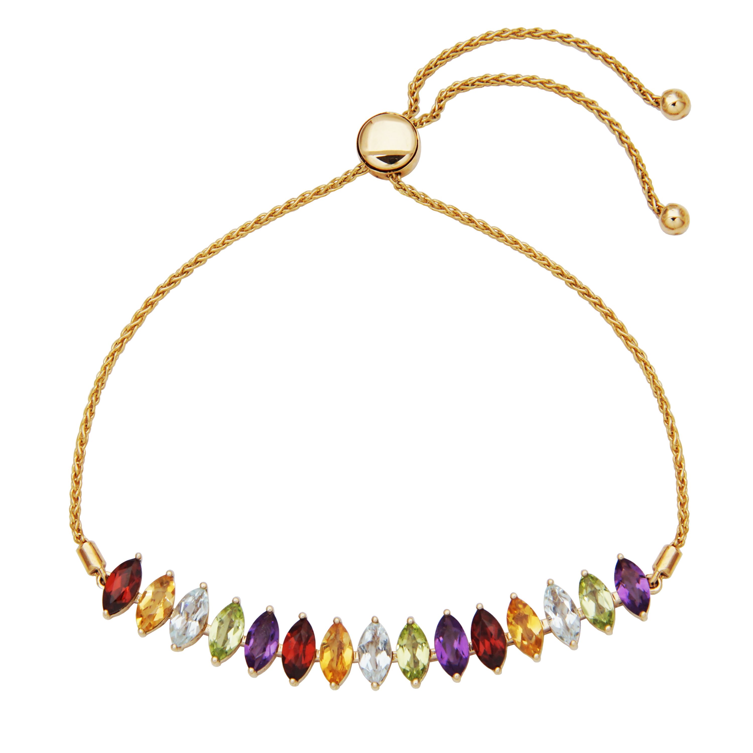 Genuine Gemstones Rainbow Bolo Bracelet in 10k Yellow Gold