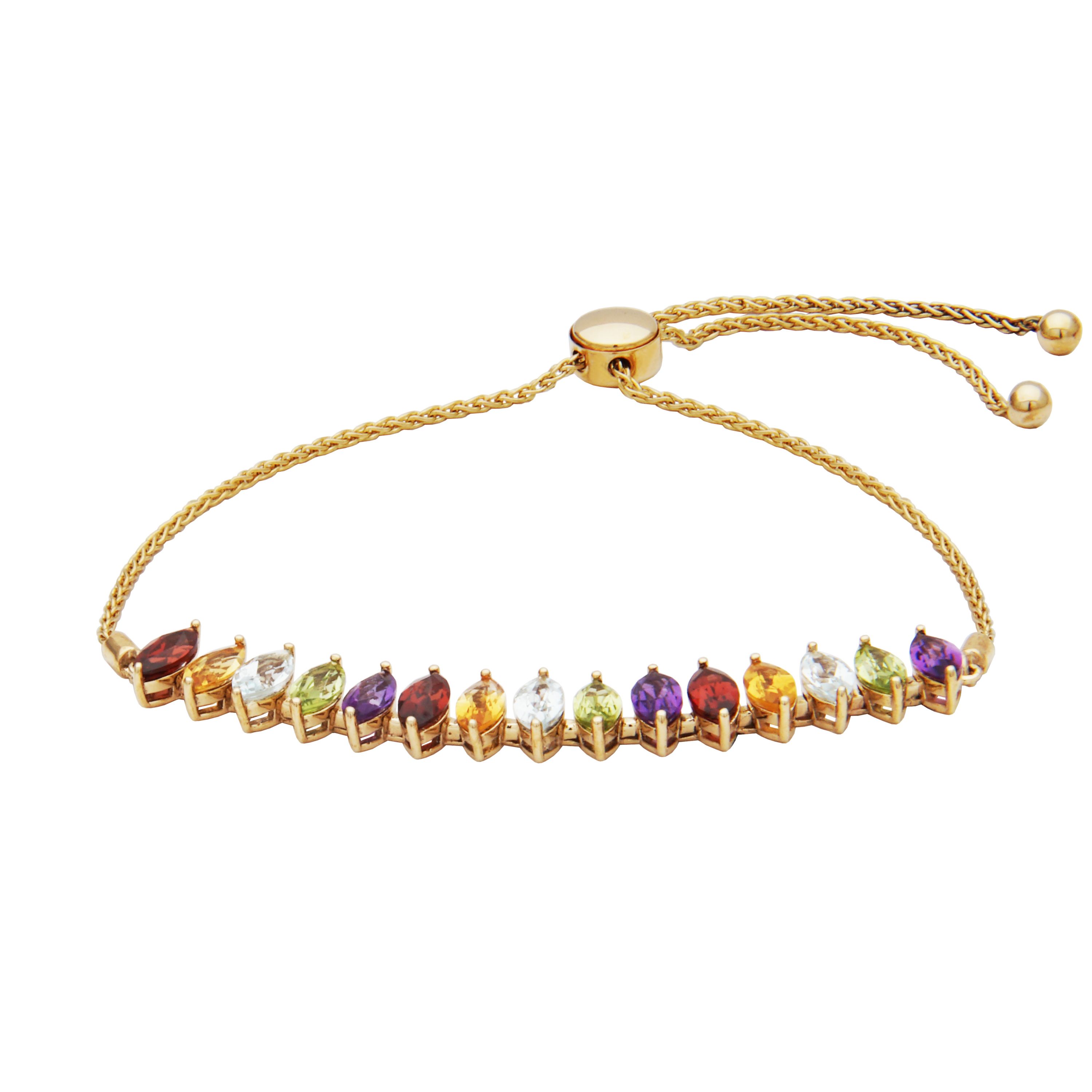 Genuine Gemstones Rainbow Bolo Bracelet in 10k Yellow Gold