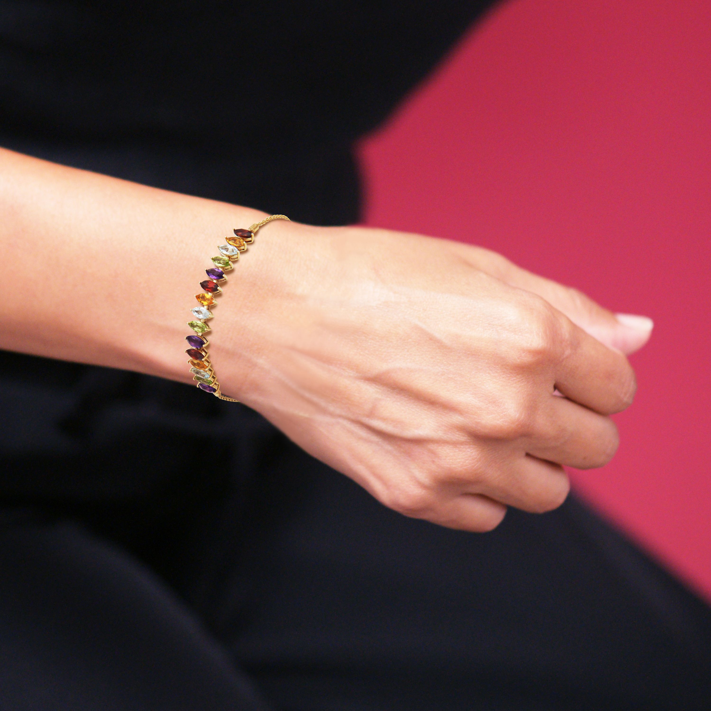 Genuine Gemstones Rainbow Bolo Bracelet in 10k Yellow Gold