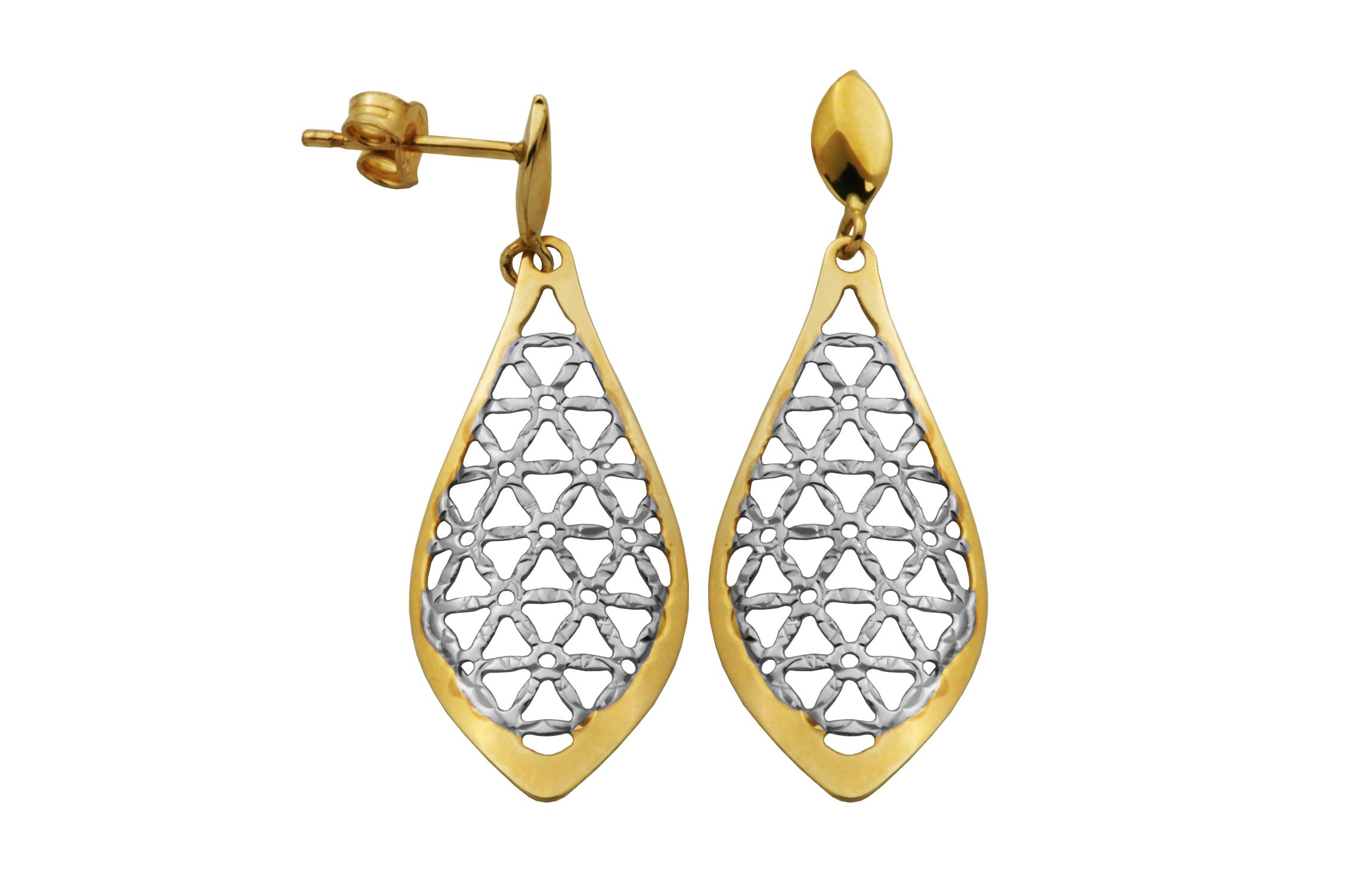 10k Yellow and White Gold Teardrop Open Relief Two Tone Elegant Drop Earrings