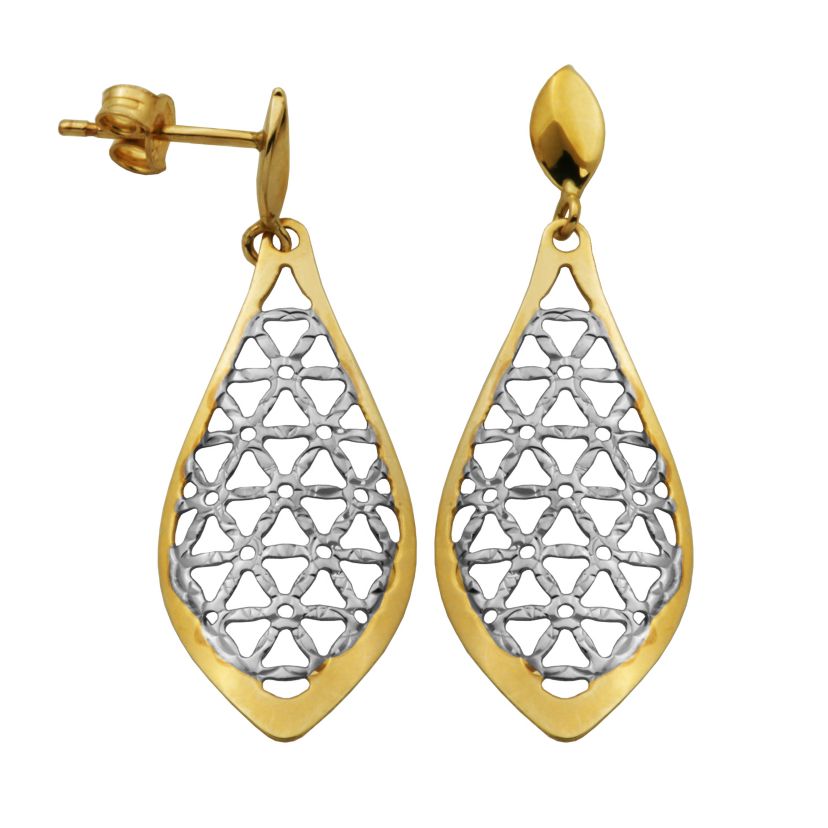 10k Yellow and White Gold Teardrop Open Relief Two Tone Elegant Drop Earrings