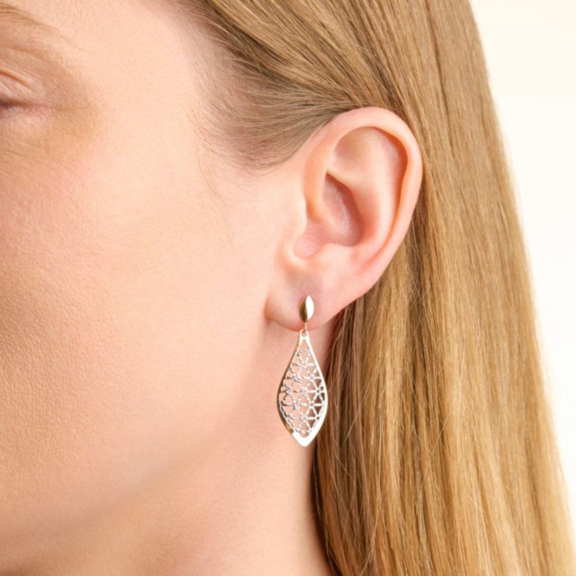 10k Yellow and White Gold Teardrop Open Relief Two Tone Elegant Drop Earrings