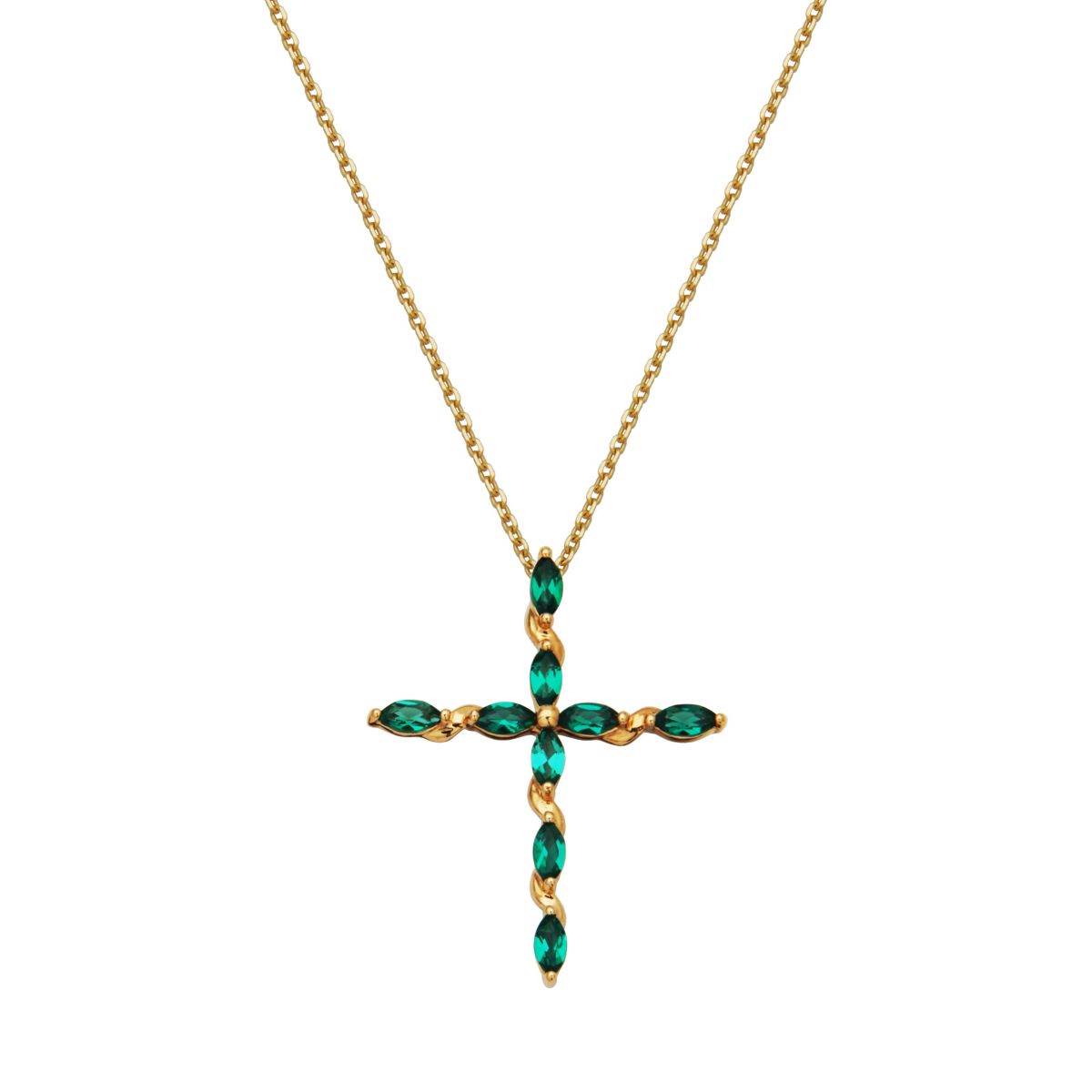 10k Yellow Gold Lab Created Emerald Marquise Cross Pendant Necklace