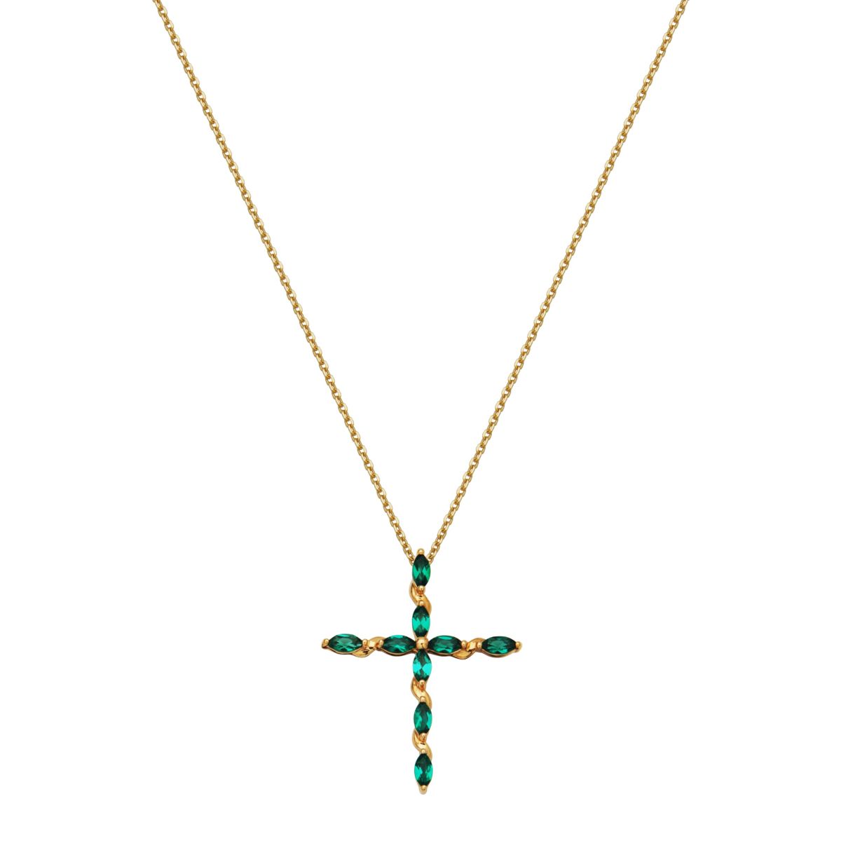10k Yellow Gold Lab Created Emerald Marquise Cross Pendant Necklace
