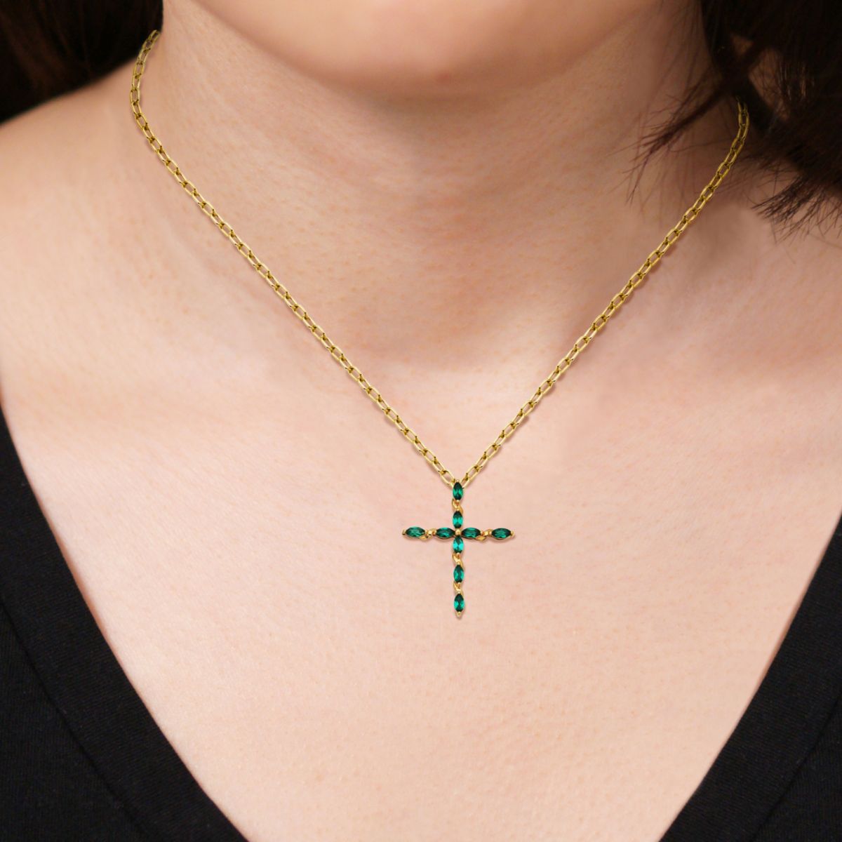 10k Yellow Gold Lab Created Emerald Marquise Cross Pendant Necklace