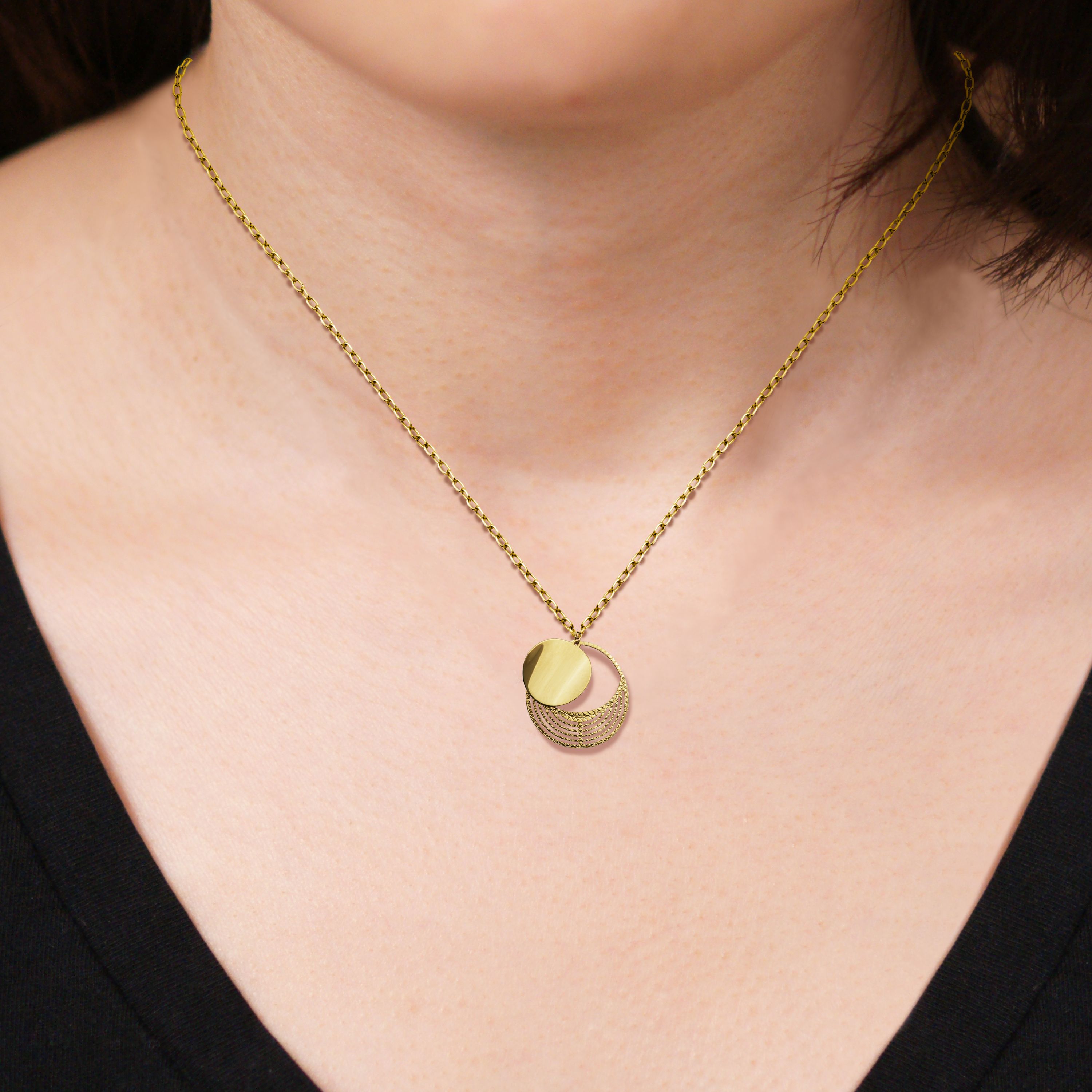 10k Yellow Gold Double Concentric Geometric Pendant Necklace