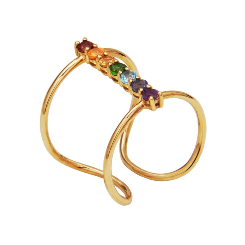 10k Yellow Gold Genuine Gemstones Rainbow Vertical Bar Ring
