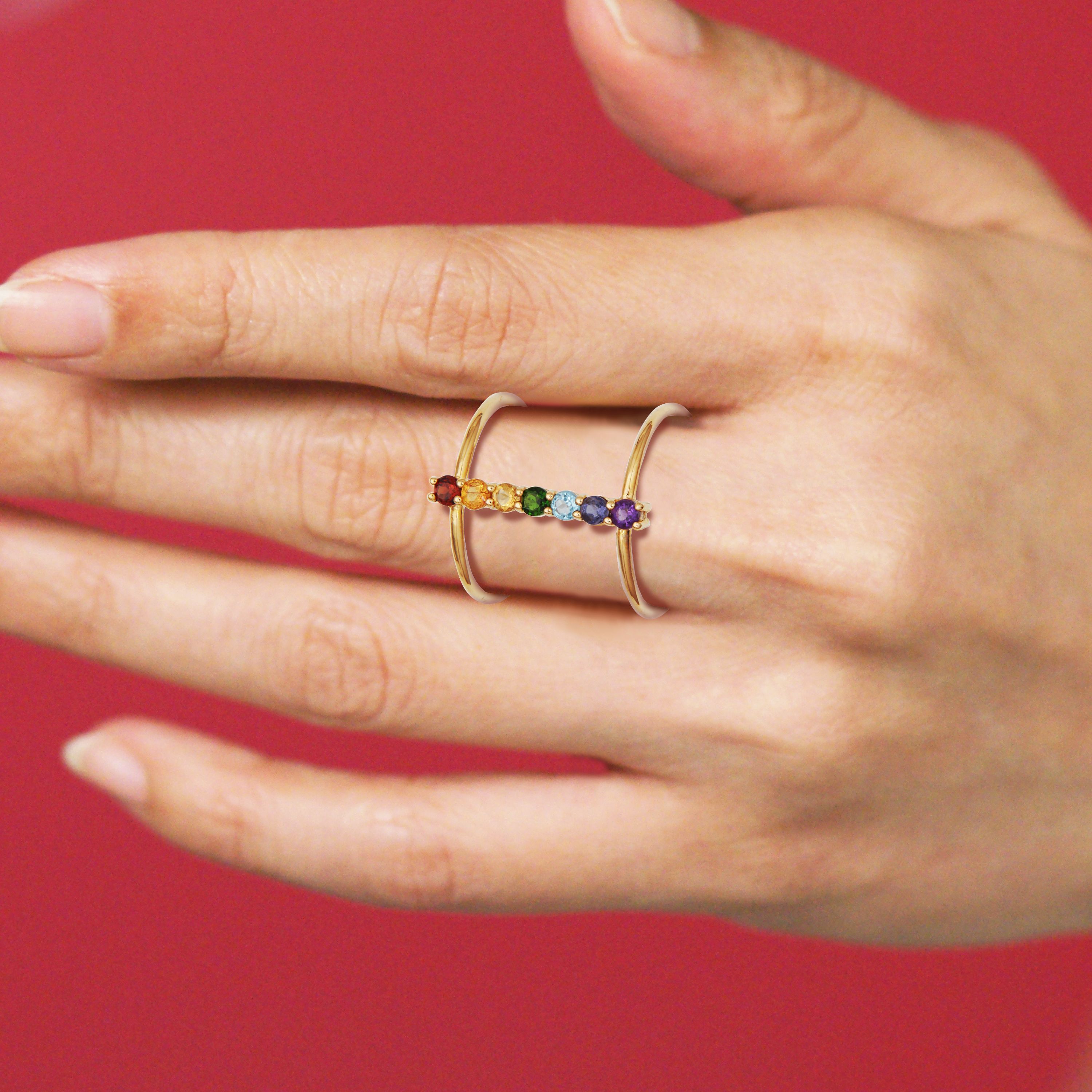 10k Yellow Gold Genuine Gemstones Rainbow Vertical Bar Ring
