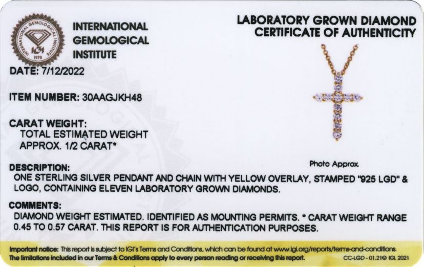 Lab Created 1/2 CT TW Lab Grown Diamond 18k Gold Plated Sterling Silver Cross Pendant Necklace