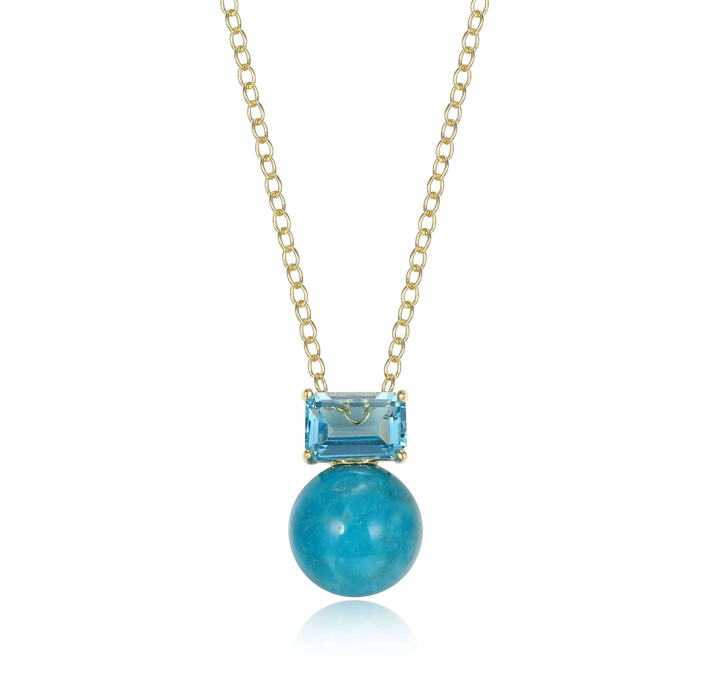 Genuine Turquoise and Blue Topaz Pendant Necklace in 18k Gold Plated Sterling Silver