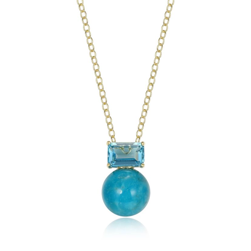 Genuine Turquoise and Blue Topaz Pendant Necklace in 18k Gold Plated Sterling Silver