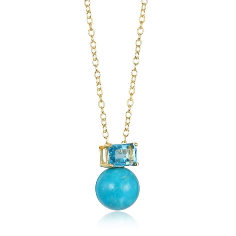 Genuine Turquoise and Blue Topaz Pendant Necklace in 18k Gold Plated Sterling Silver