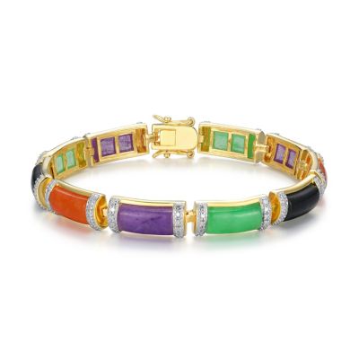 Dynasty Jade 18k Yellow Gold Plated Sterling Silver Multi-Color Link Station Bracelet with Diamond Accent