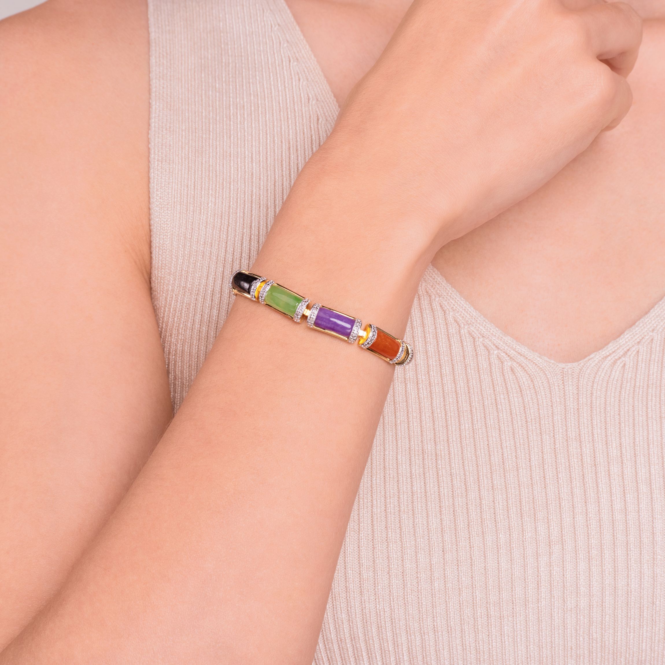18k Yellow Gold Plated Sterling Silver Multi-Color Link Station Bracelet with Diamond Accent
