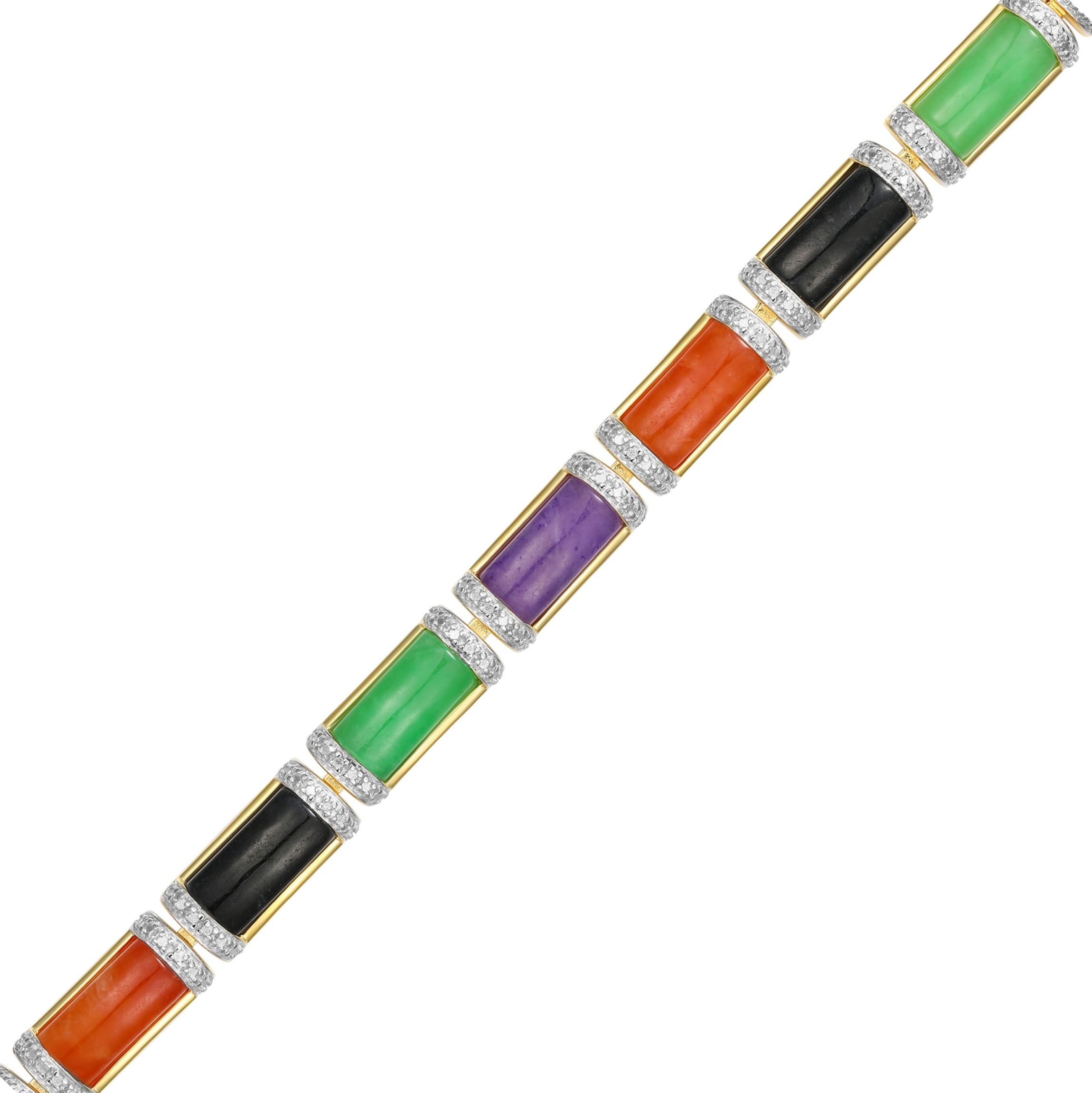 18k Yellow Gold Plated Sterling Silver Multi-Color Link Station Bracelet with Diamond Accent