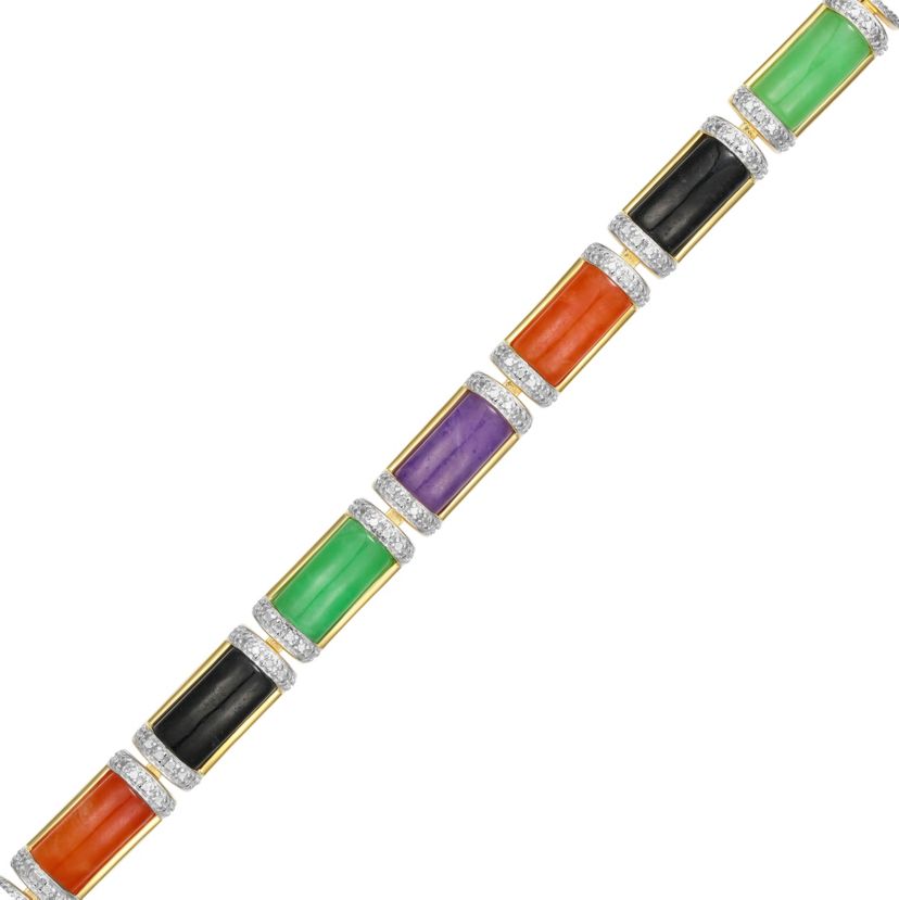 18k Yellow Gold Plated Sterling Silver Multi-Color Link Station Bracelet with Diamond Accent