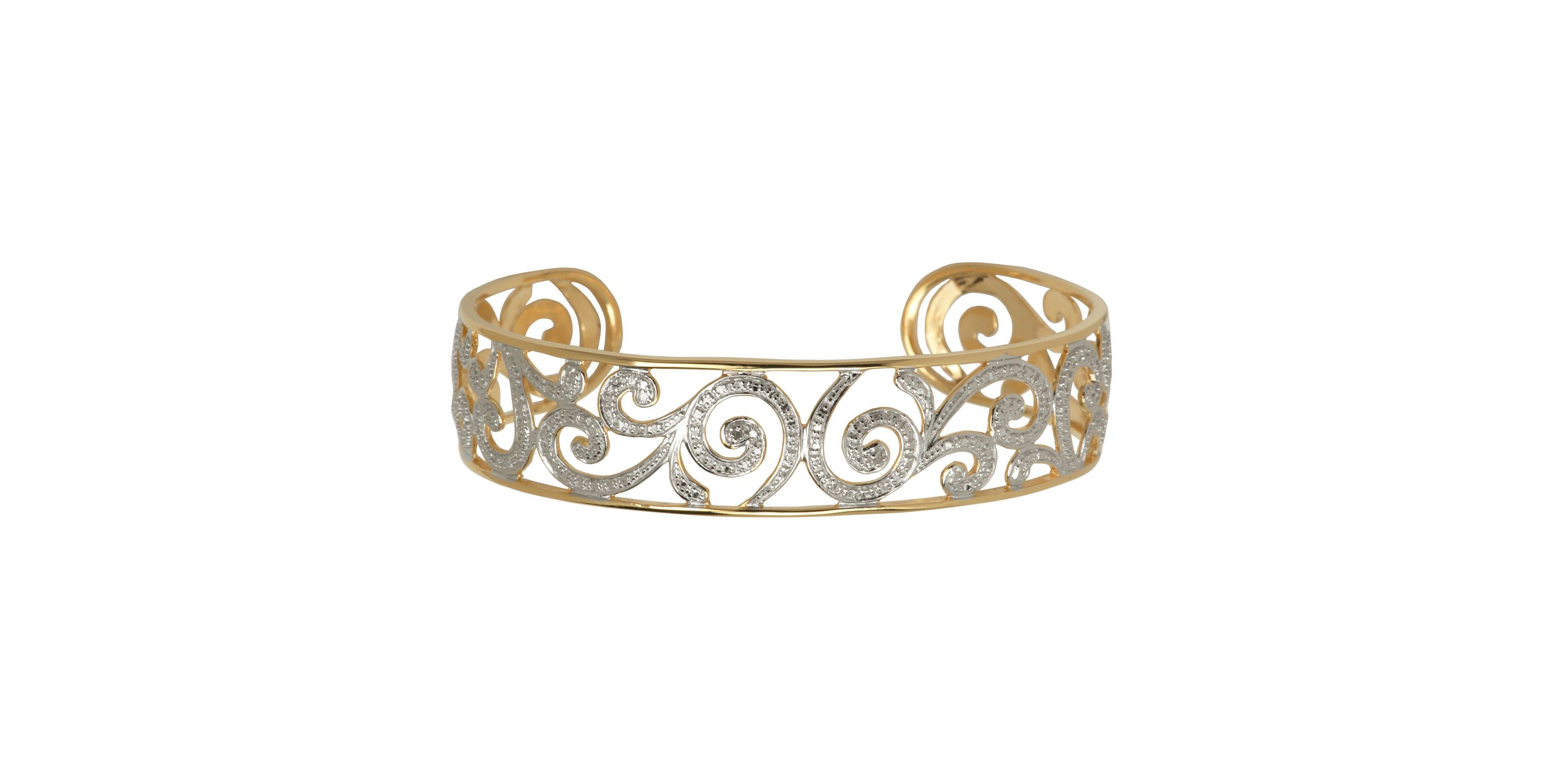 Diamond Accent Swirl Cuff Bangle Bracelet in 18k Yellow Gold and Rhodium Plated Sterling Silver