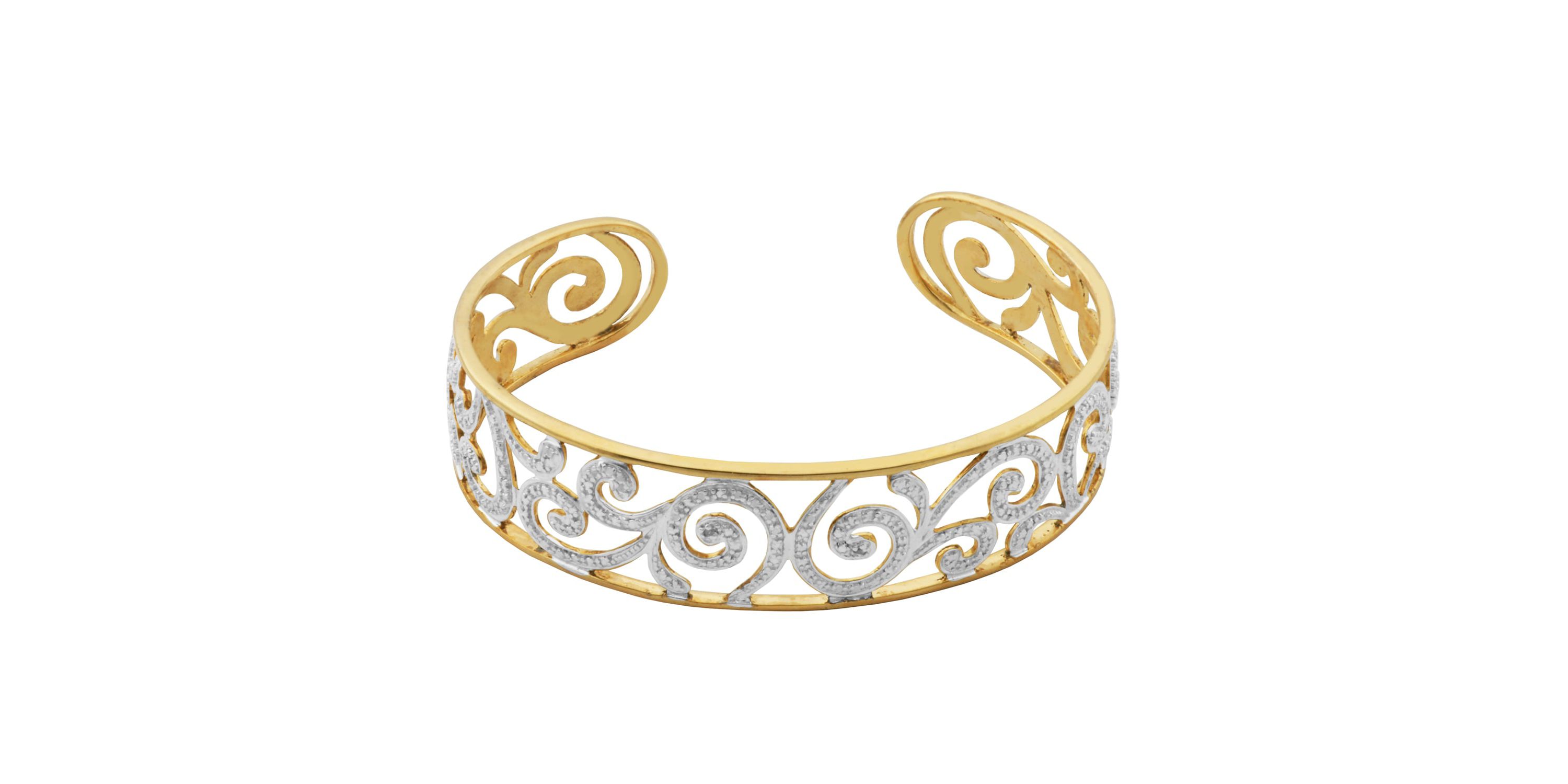 Diamond Accent Swirl Cuff Bangle Bracelet in 18k Yellow Gold and Rhodium Plated Sterling Silver