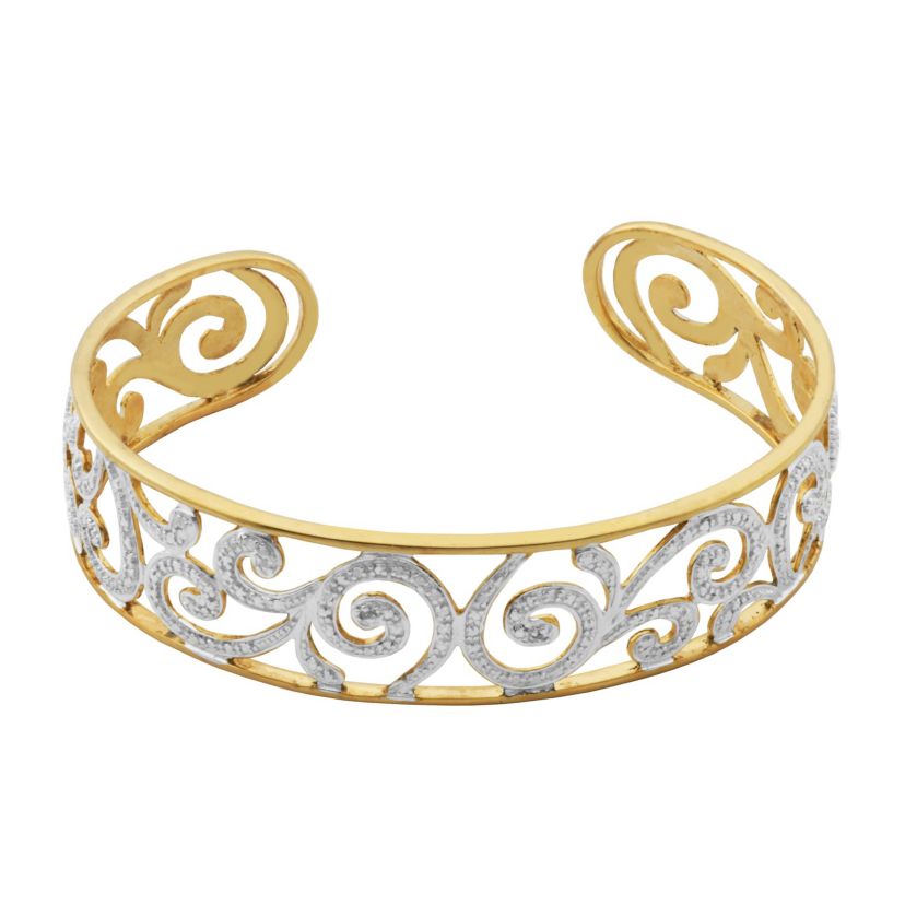 Diamond Accent Swirl Cuff Bangle Bracelet in 18k Yellow Gold and Rhodium Plated Sterling Silver