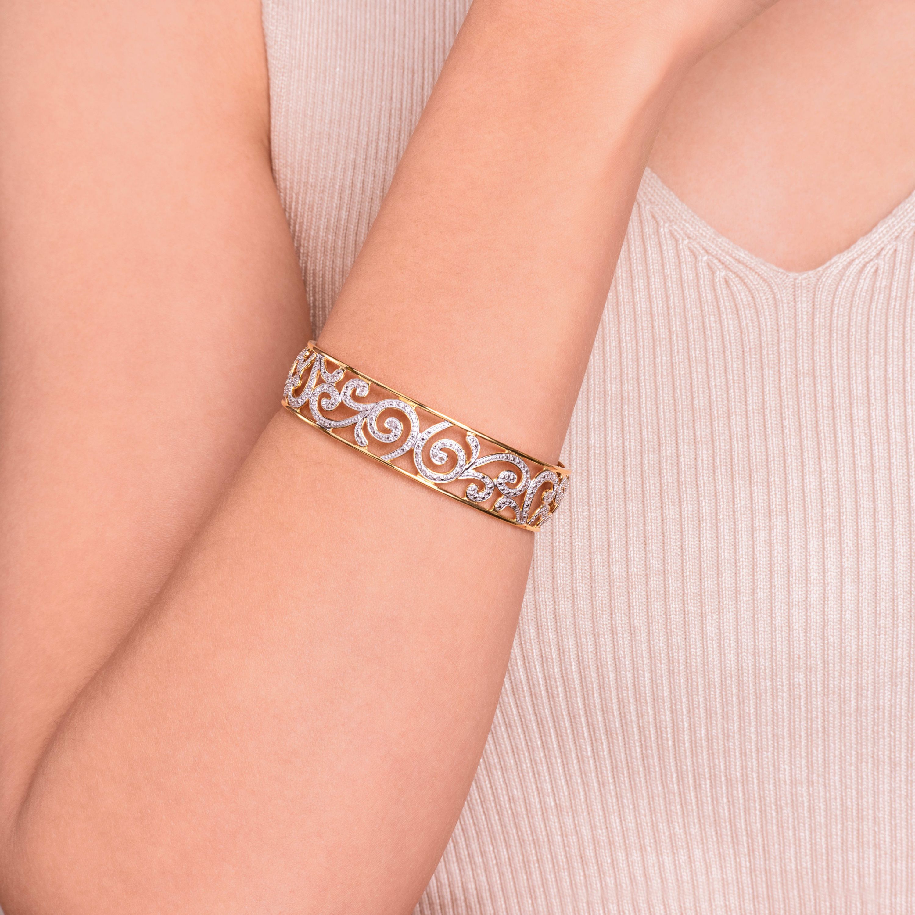 Diamond Accent Swirl Cuff Bangle Bracelet in 18k Yellow Gold and Rhodium Plated Sterling Silver