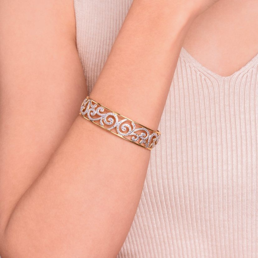 Diamond Accent Swirl Cuff Bangle Bracelet in 18k Yellow Gold and Rhodium Plated Sterling Silver