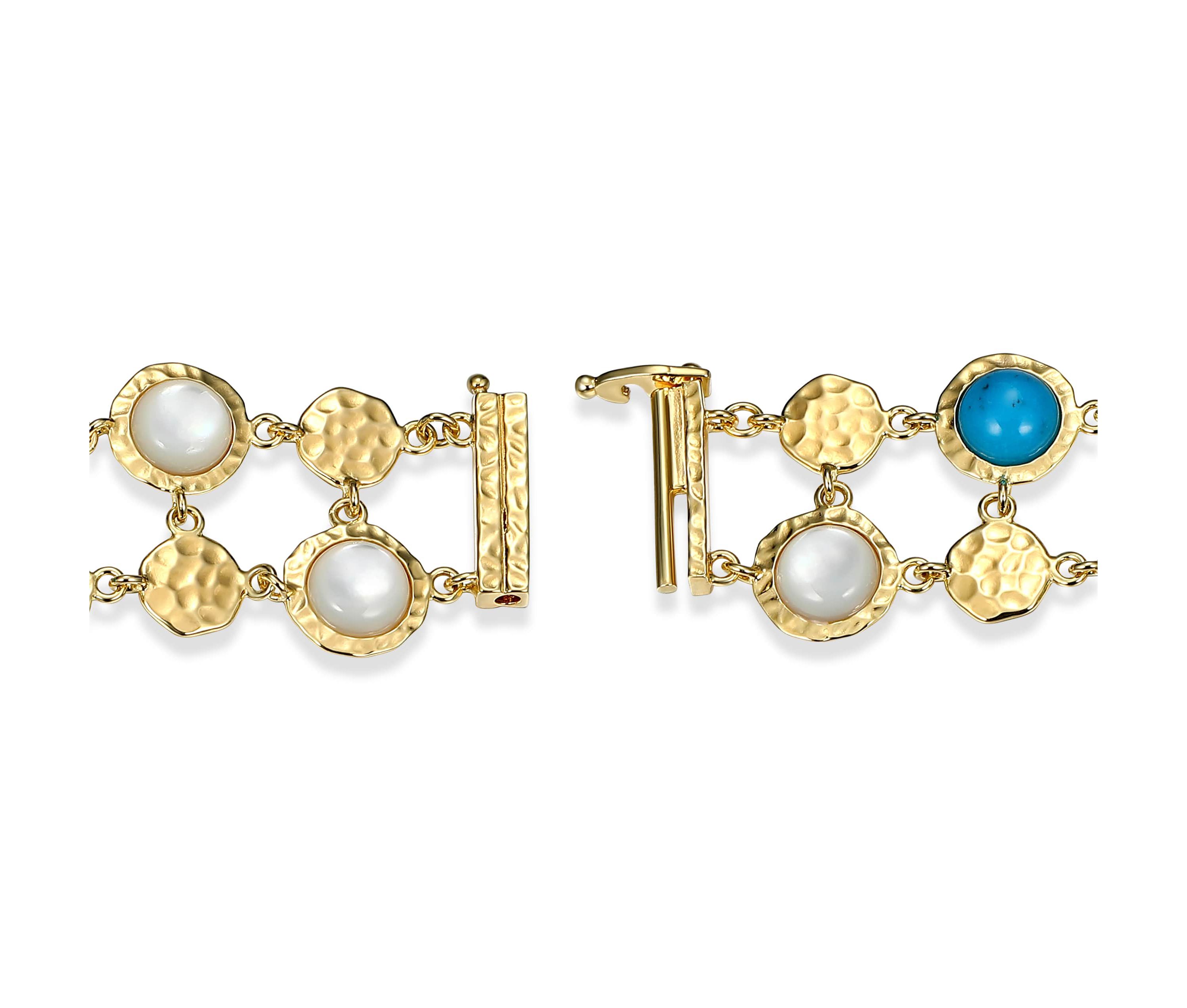Genuine Turquoise And White Mother of Pearl Bracelet in 18k Gold Plated Sterling Silver