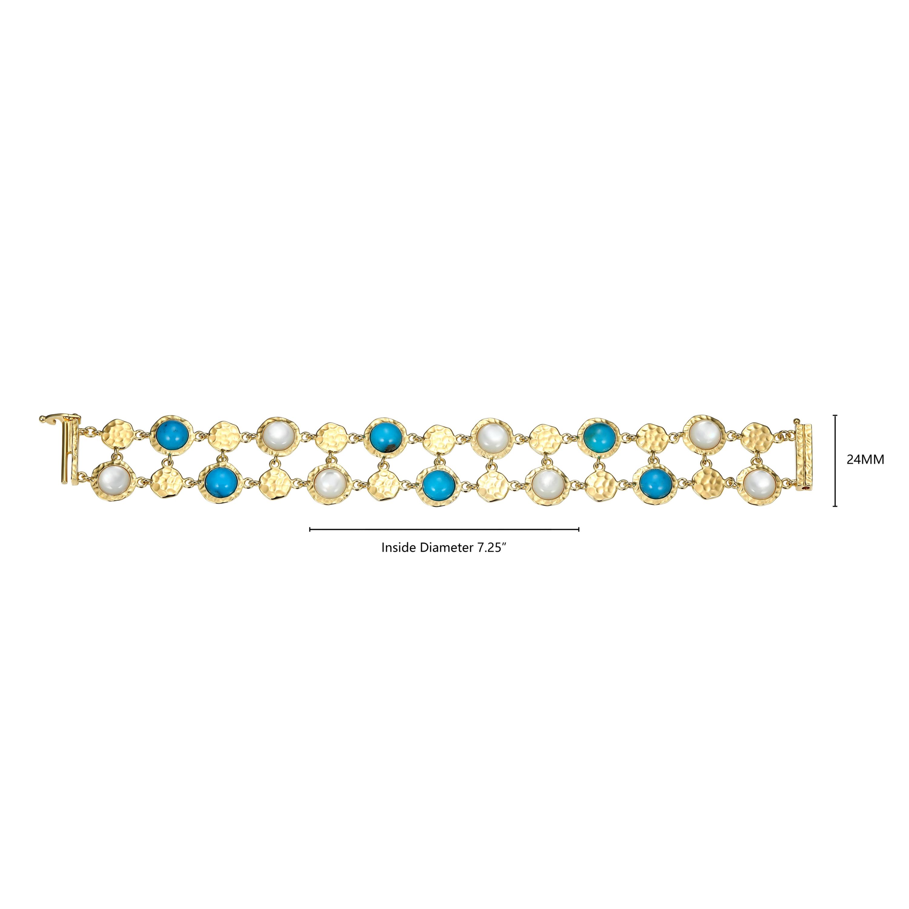 Genuine Turquoise And White Mother of Pearl Bracelet in 18k Gold Plated Sterling Silver