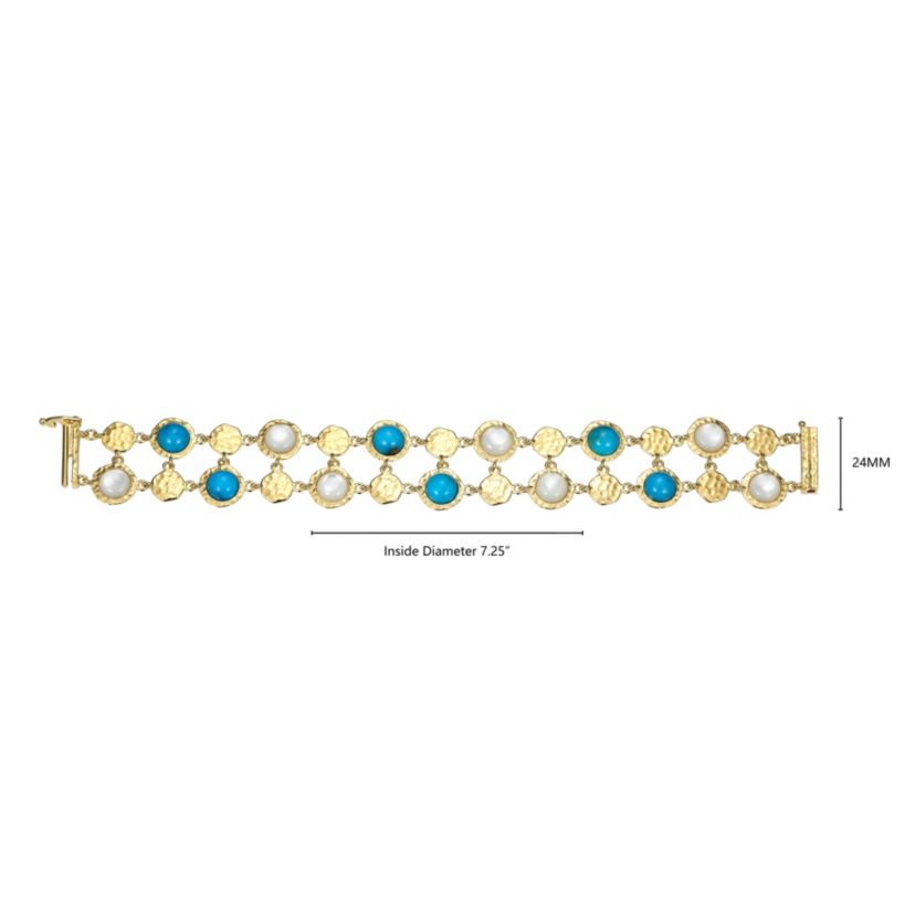 Genuine Turquoise And White Mother of Pearl Bracelet in 18k Gold Plated Sterling Silver