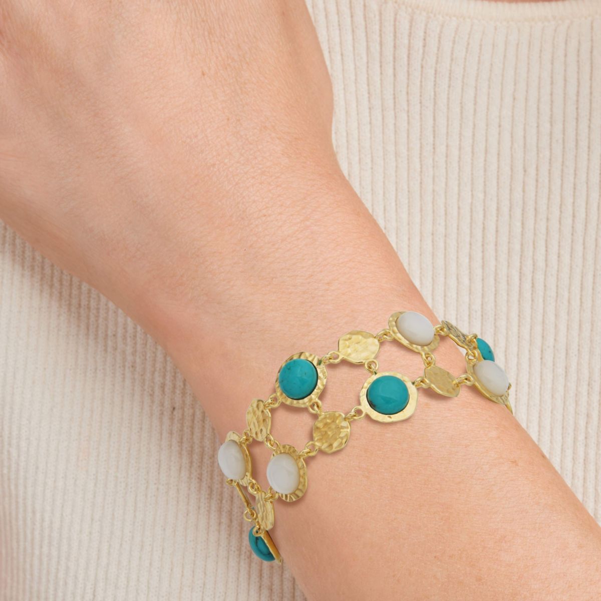 Genuine Turquoise And White Mother of Pearl Bracelet in 18k Gold Plated Sterling Silver