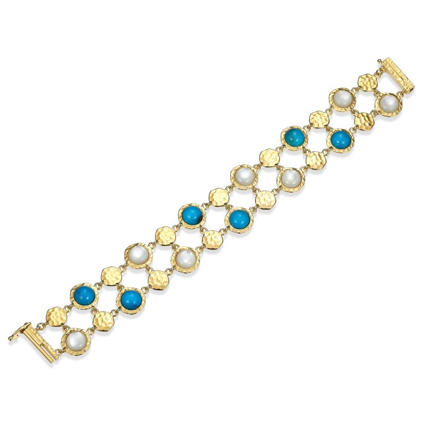 Genuine Turquoise And White Mother of Pearl Bracelet in 18k Gold Plated Sterling Silver