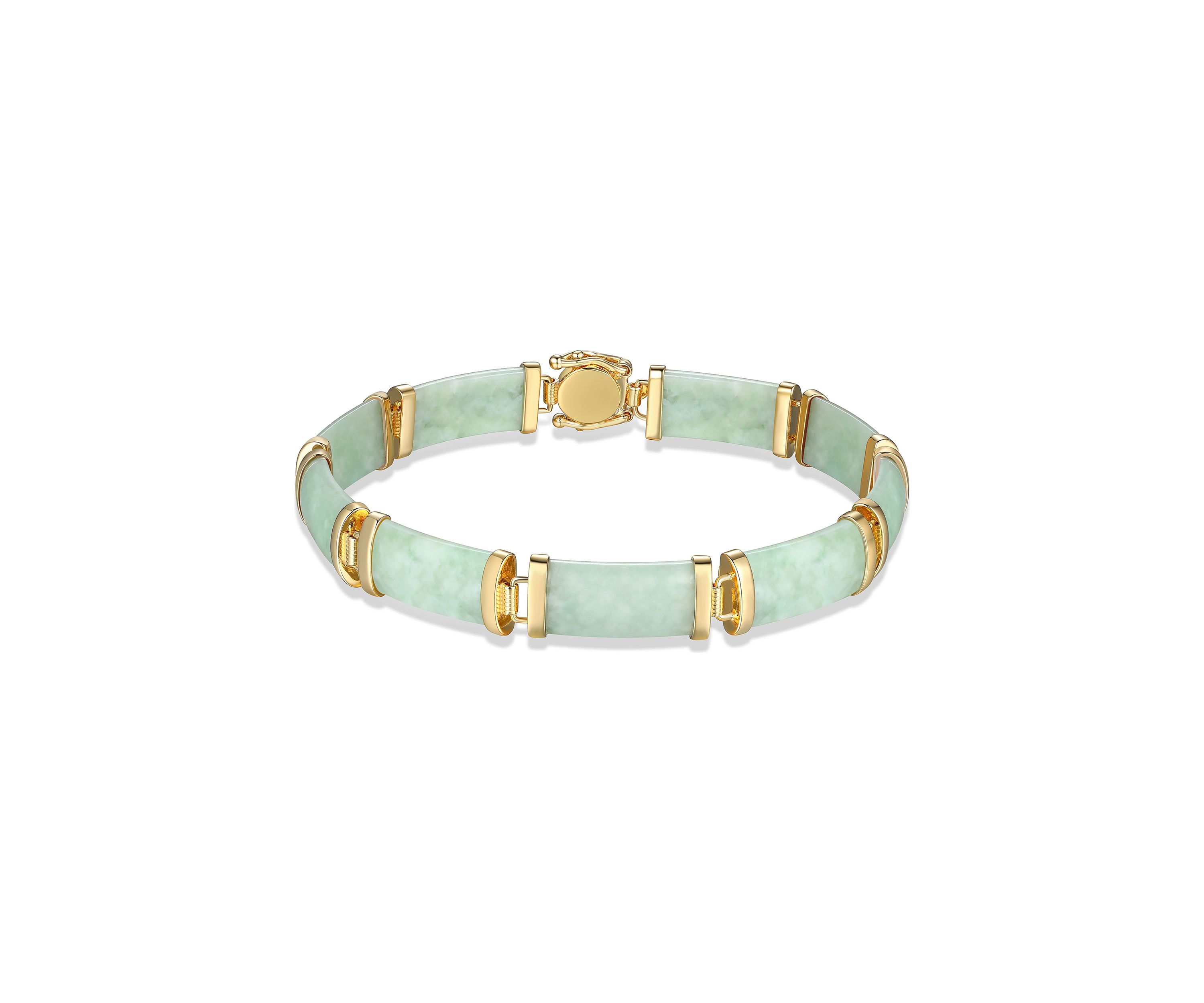 18k Gold Over Sterling Silver Jade "Good Fortune" Link Bar Bracelet 7.5"