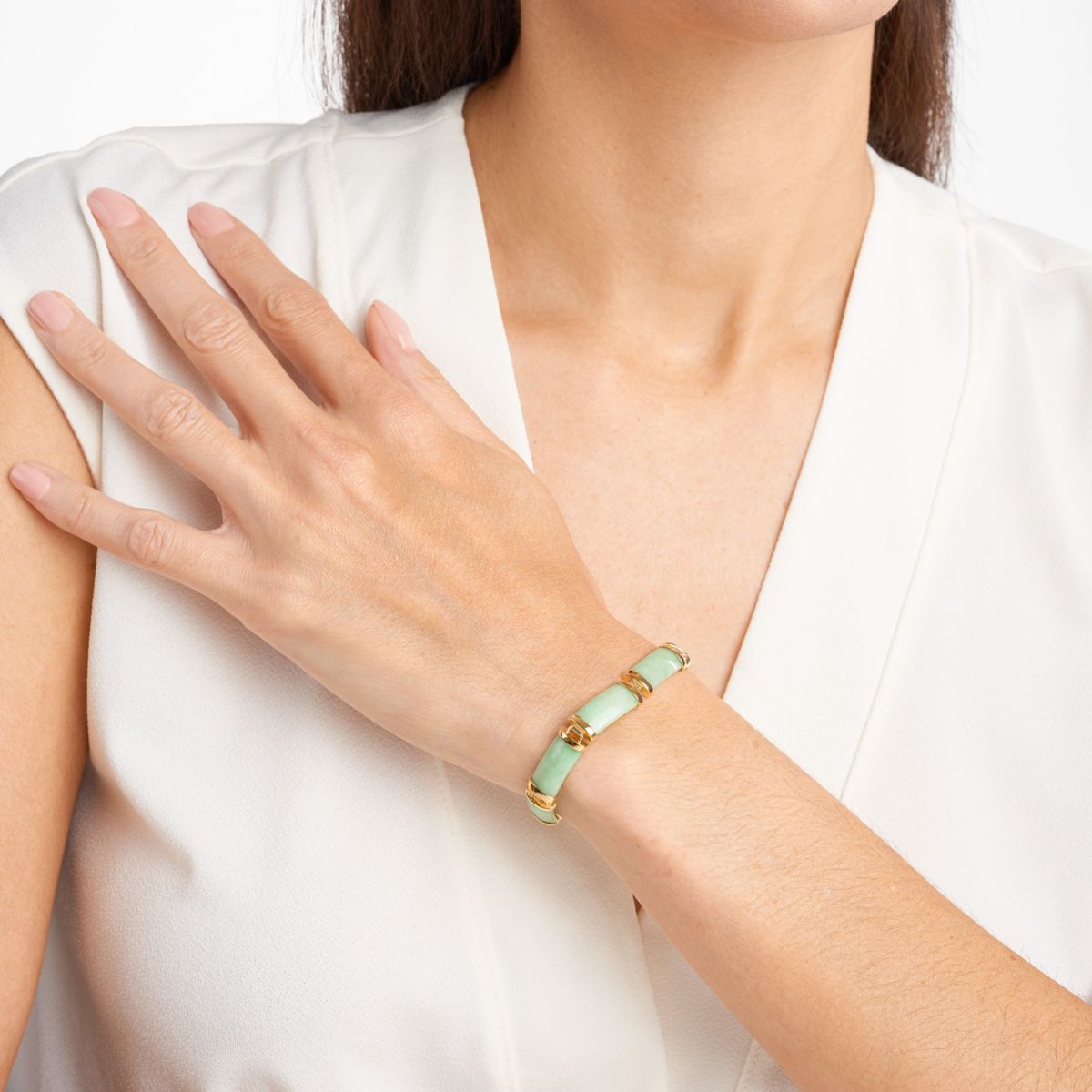 18k Gold Over Sterling Silver Jade "Good Fortune" Link Bar Bracelet 7.5"