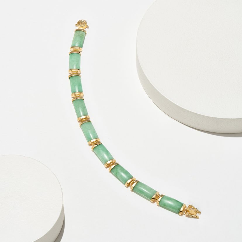 18k Gold Over Sterling Silver Jade "Good Fortune" Link Bar Bracelet 7.5"