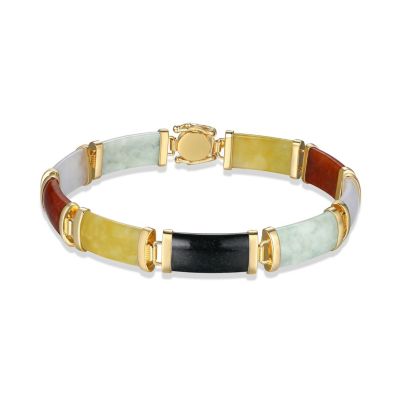 Dynasty Jade Black Onyx or Multi-Colored Jade Link Bar Bracelet in Gold Plated or Rhodium Plated Sterling Silver