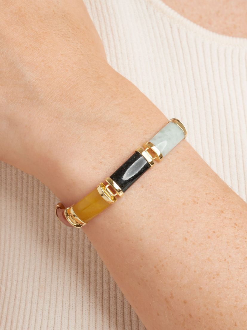 Black Onyx or Multi-Colored Jade Link Bar Bracelet in Gold Plated or Rhodium Plated Sterling Silver