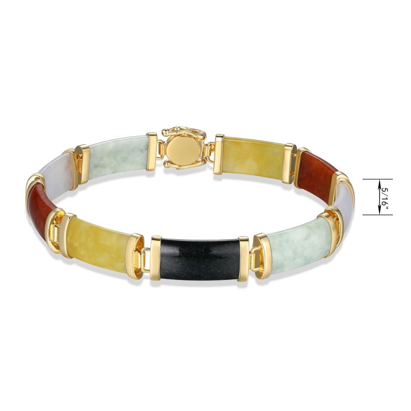 Black Onyx or Multi-Colored Jade Link Bar Bracelet in Gold Plated or Rhodium Plated Sterling Silver