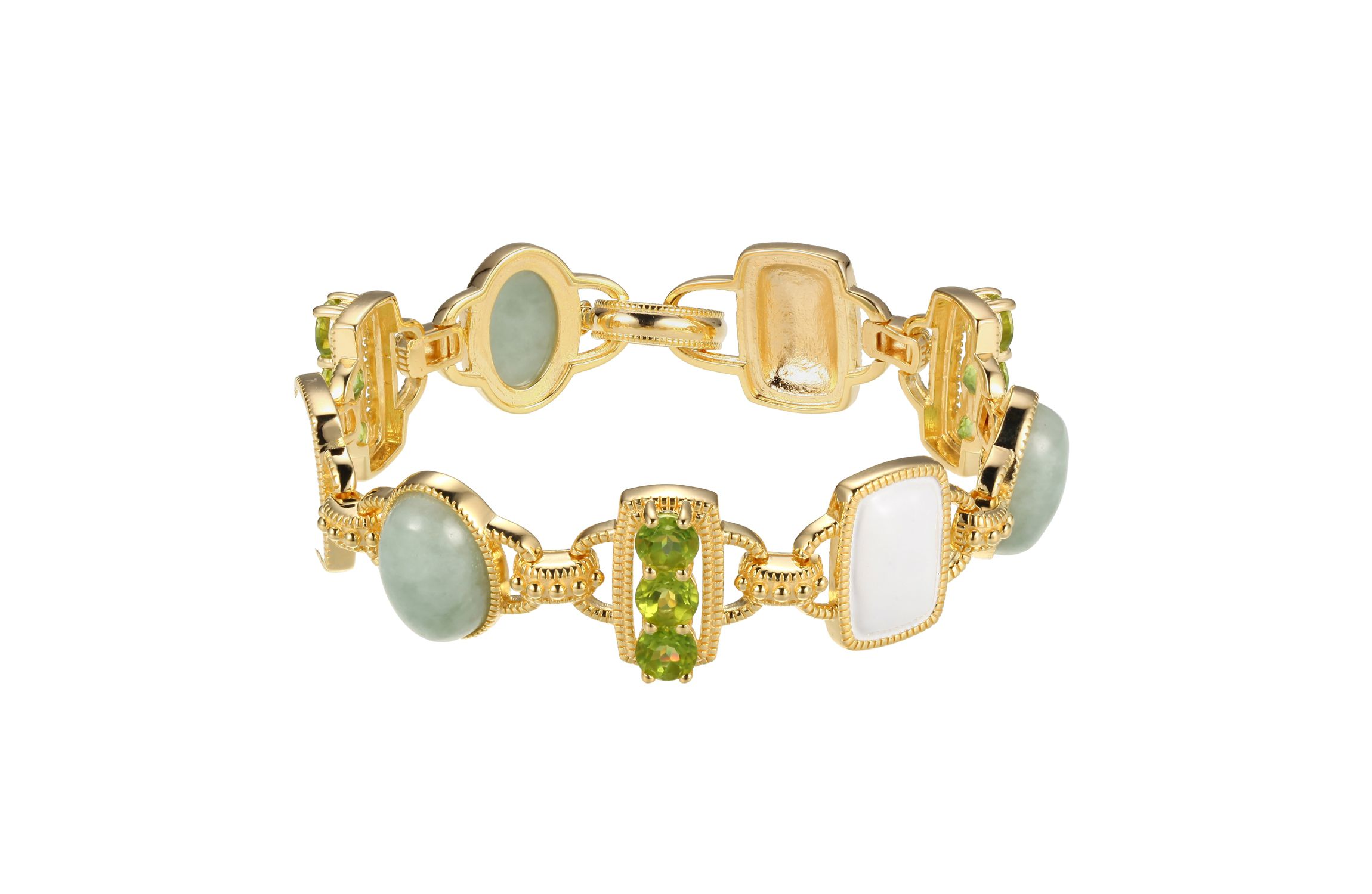 Genuine Jade, Peridot and White Enamel Inlay Link Bracelet in 18k Gold Plated Sterling Silver