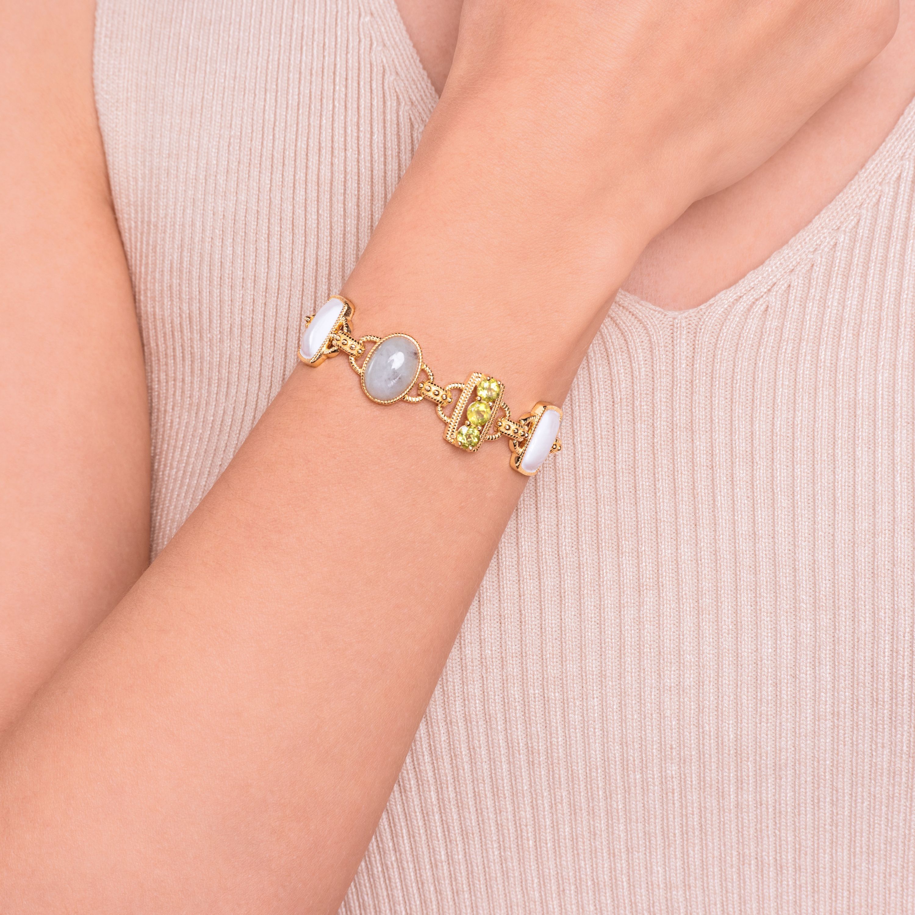 Genuine Jade, Peridot and White Enamel Inlay Link Bracelet in 18k Gold Plated Sterling Silver