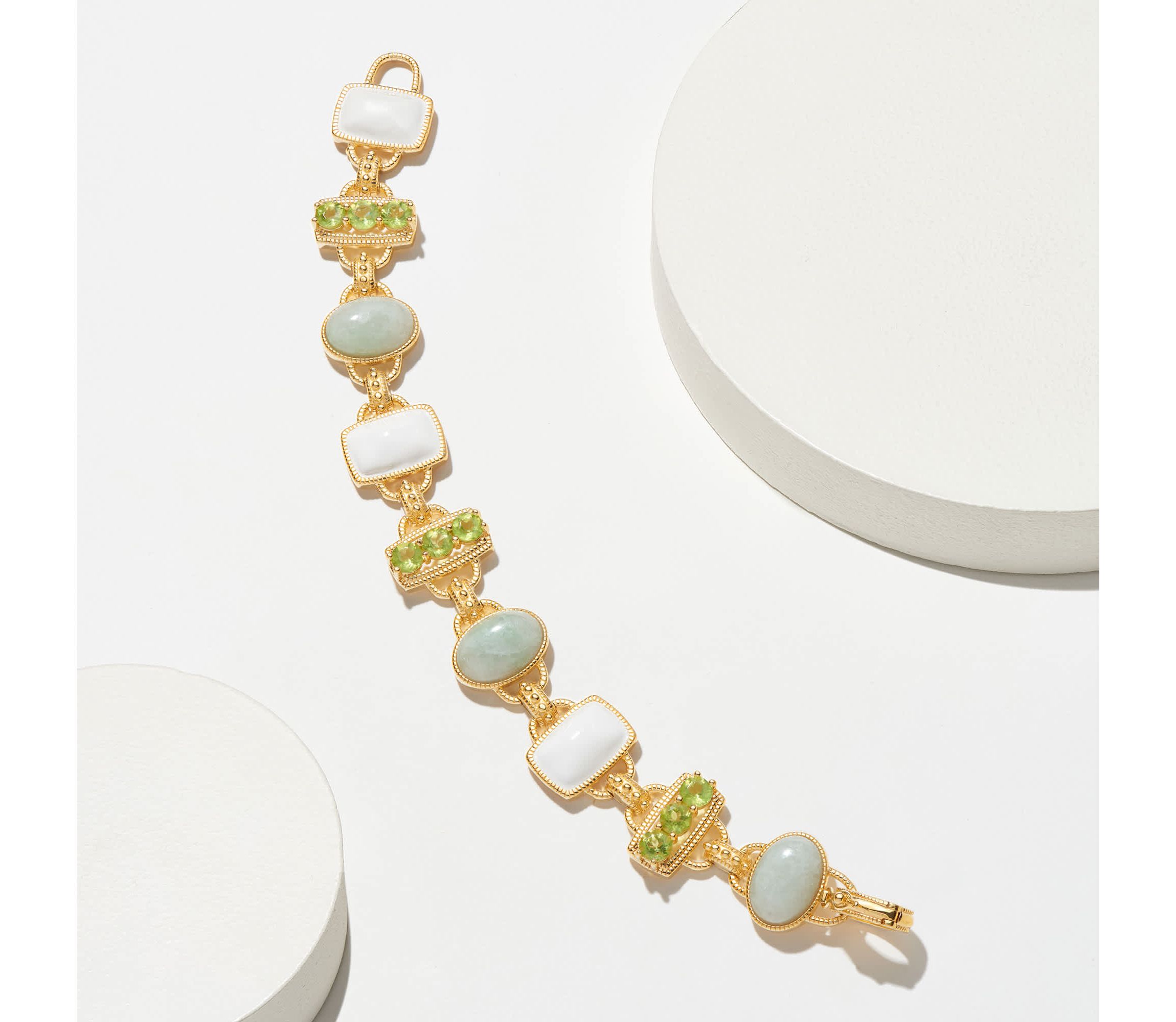 Genuine Jade, Peridot and White Enamel Inlay Link Bracelet in 18k Gold Plated Sterling Silver