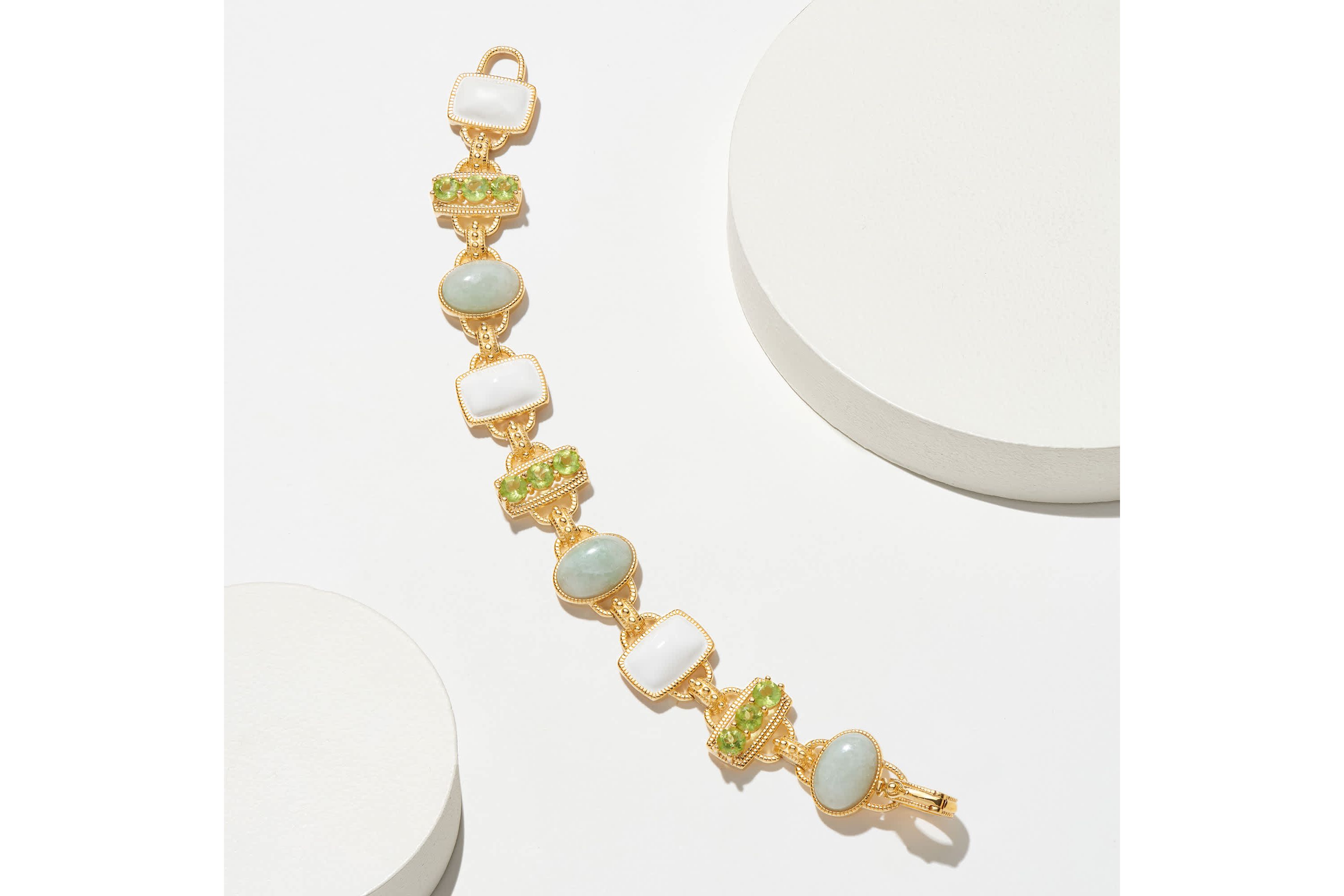Genuine Jade, Peridot and White Enamel Inlay Link Bracelet in 18k Gold Plated Sterling Silver