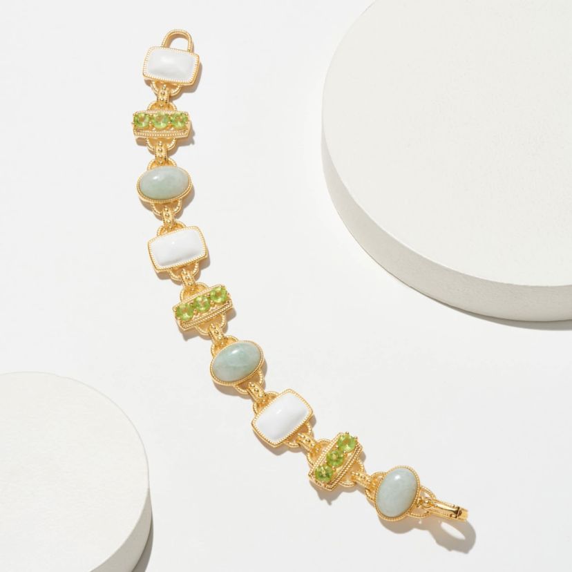 Genuine Jade, Peridot and White Enamel Inlay Link Bracelet in 18k Gold Plated Sterling Silver