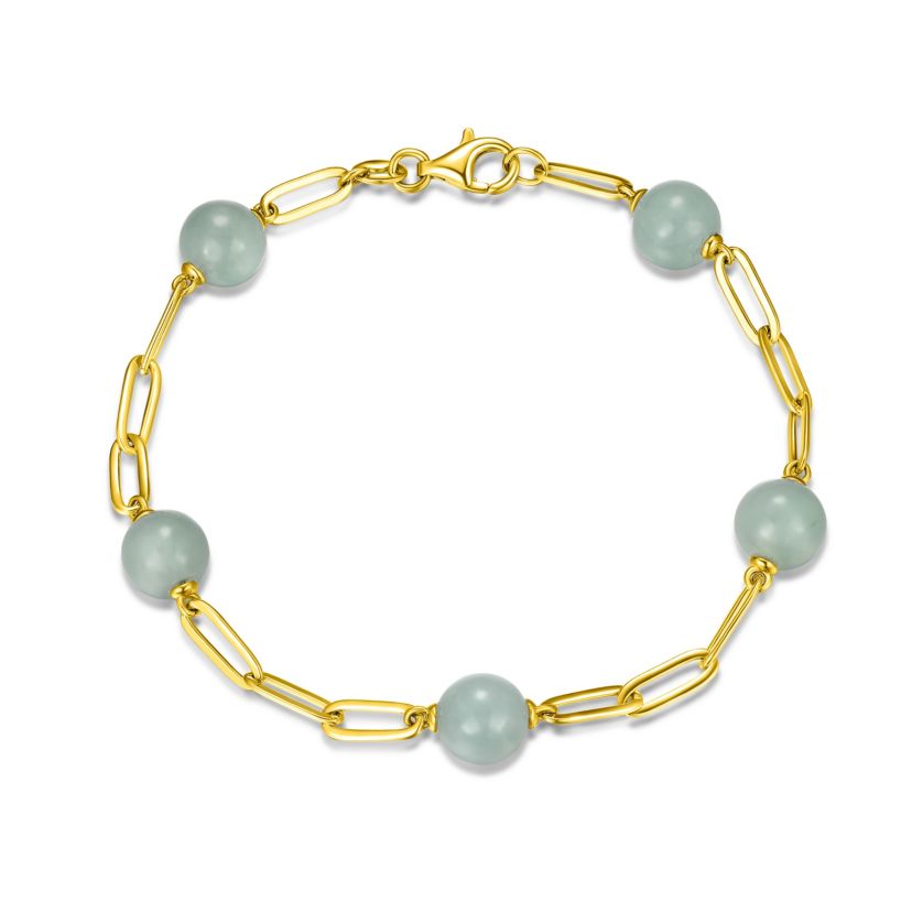 Genuine Jade Bead Station Paperclip Bracelet in 18k Yellow Gold Plated Sterling Silver