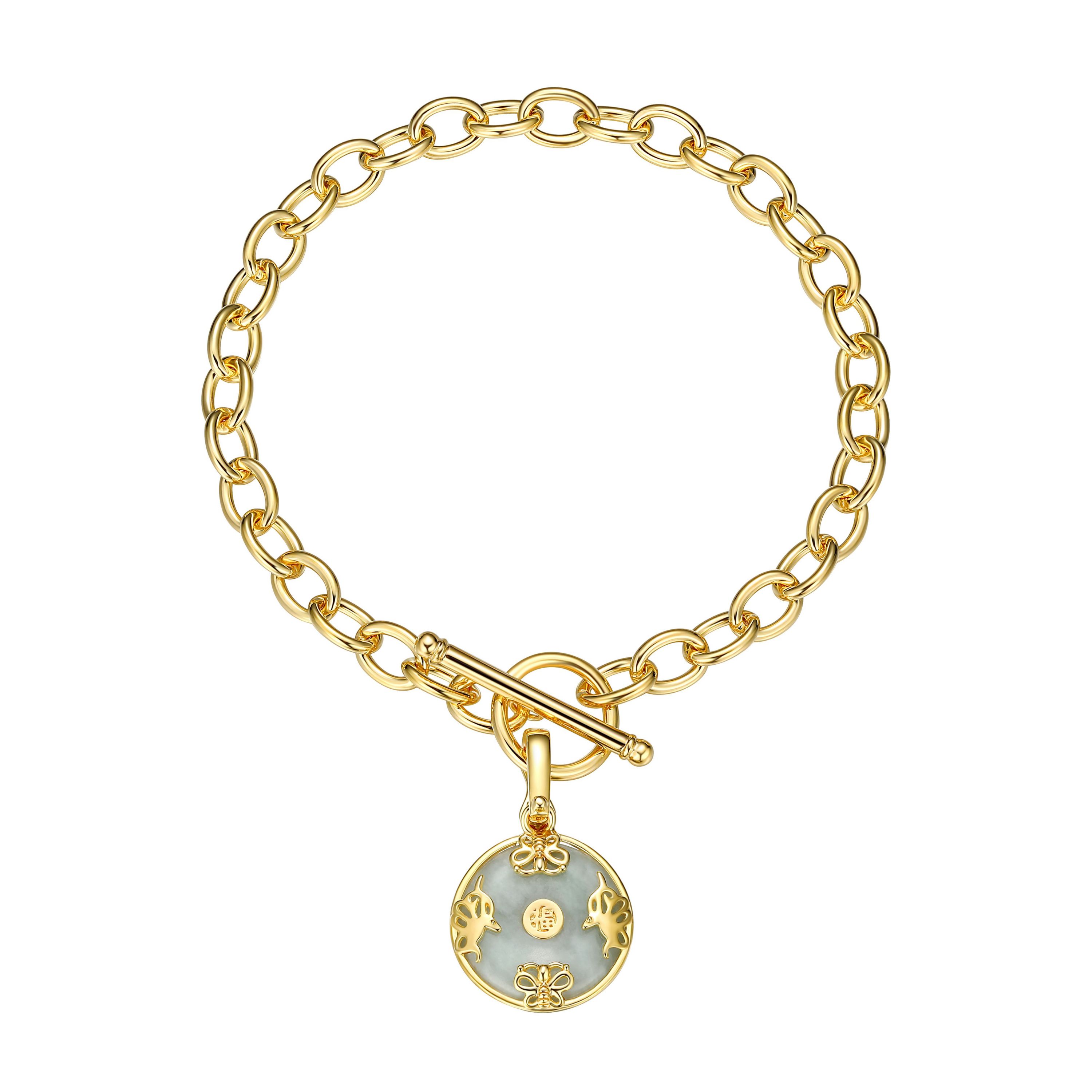 Genuine Jade Disc Toggle Bracelet in 18k Gold plated Sterling Silver