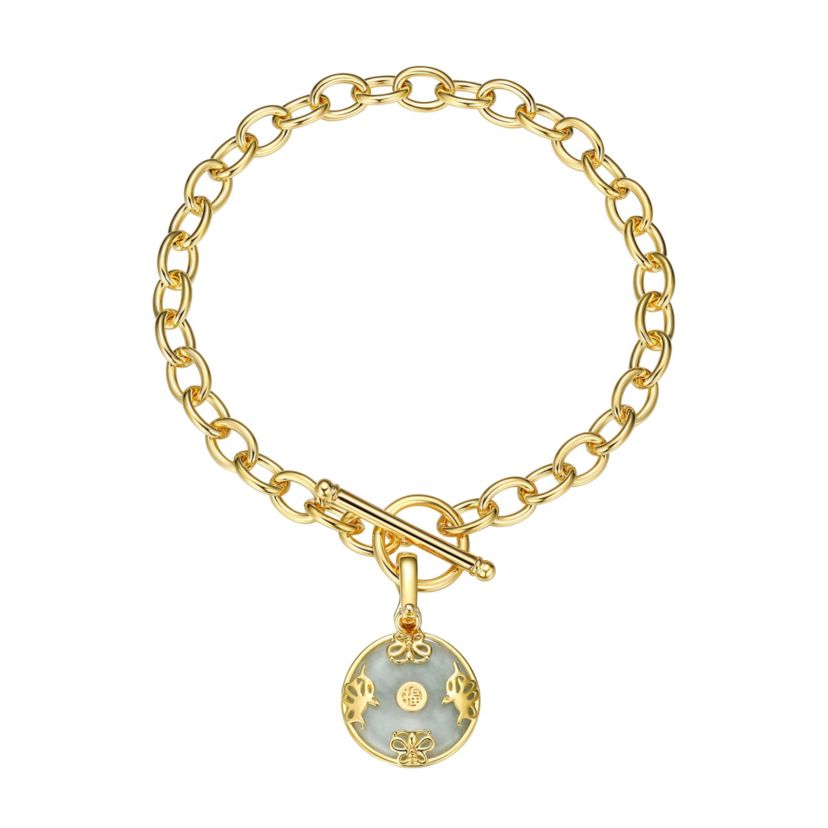 Genuine Jade Disc Toggle Bracelet in 18k Gold plated Sterling Silver