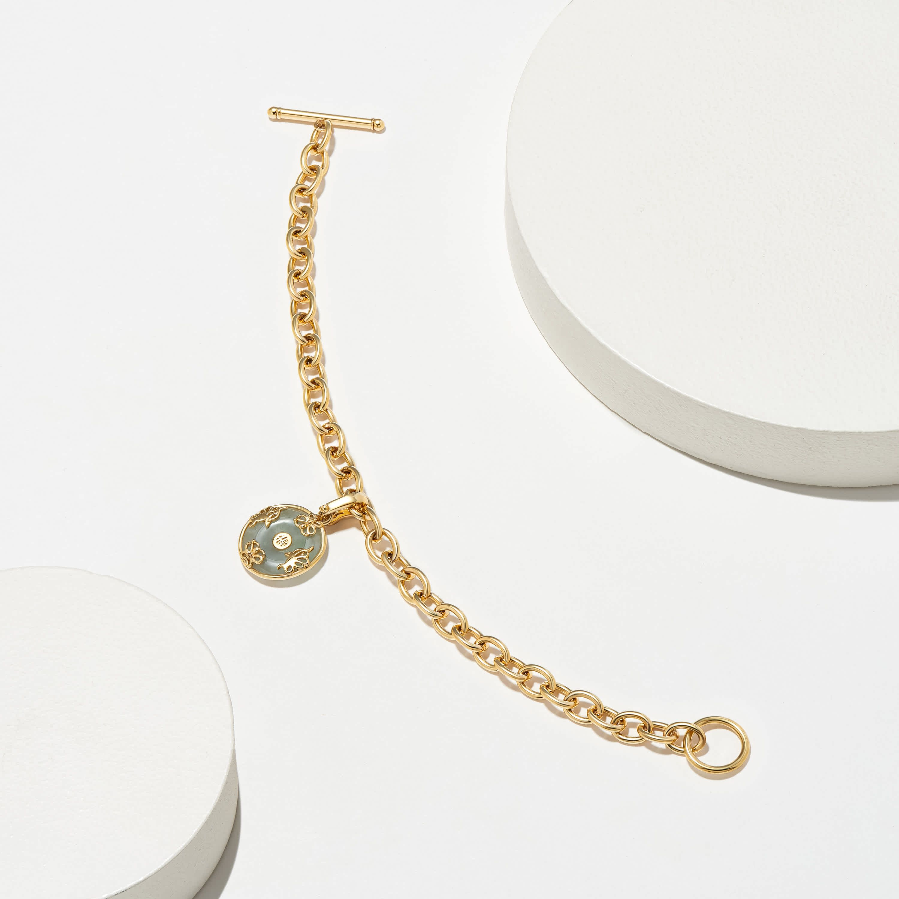 Genuine Jade Disc Toggle Bracelet in 18k Gold plated Sterling Silver