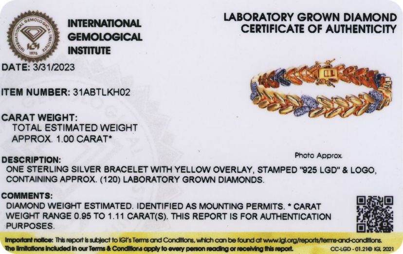 Lab Created 18K Gold Plated Sterling Silver 1 CT TW Lab Grown Diamond Bracelet