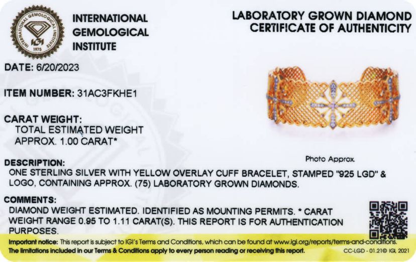 Lab Created 18k Gold Plated Sterling Silver 1 CT TW Lab Grown Diamond Cuff